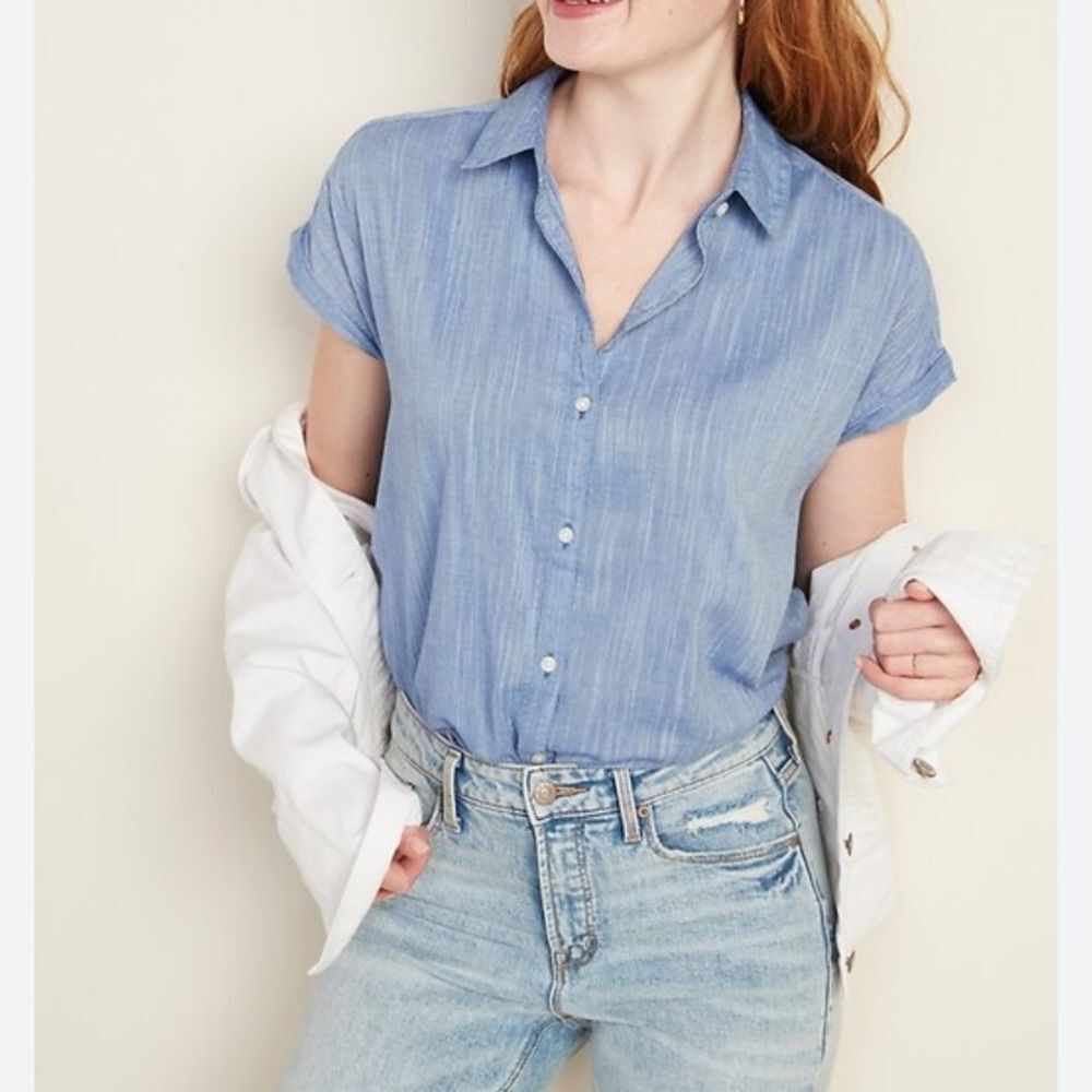 Old Navy Slub-Weave Cap Sleeve Shirt Women's Size S Light Blue Soft Flowy Summer